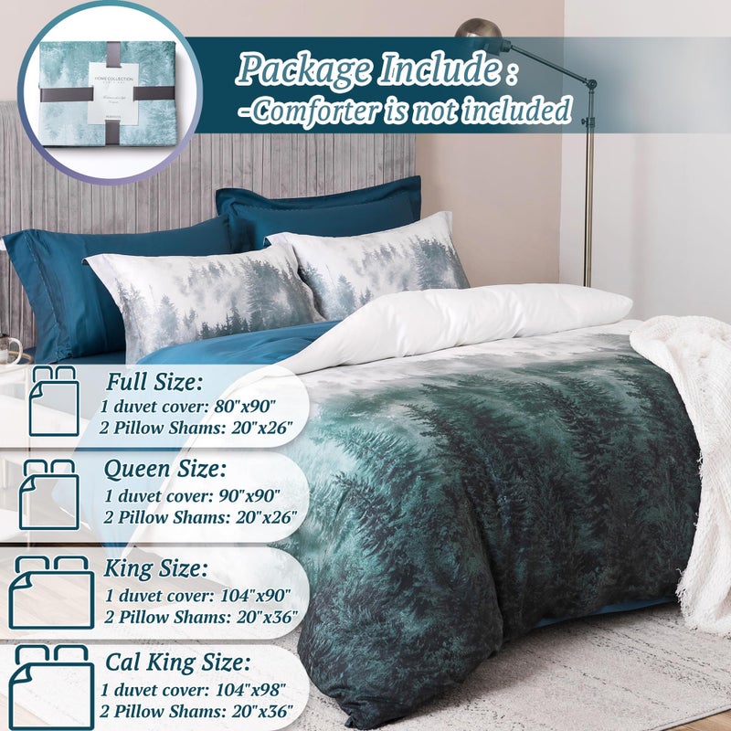 MILDLY 100% Long Staple Cotton Mountain Duvet Cover Set, Blue Green Gradient Trees Pattern Printed Comforter Cover Set - Image 5
